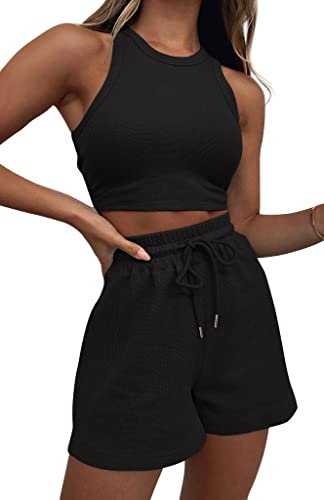 AOSYCO Zweiteilige Lounge-Sets für Damen, ärmelloses bauchfreies Top und Shorts, Outfits für Damen, Sweatanzüge, Schwarz, Schwarz von AOSYCO