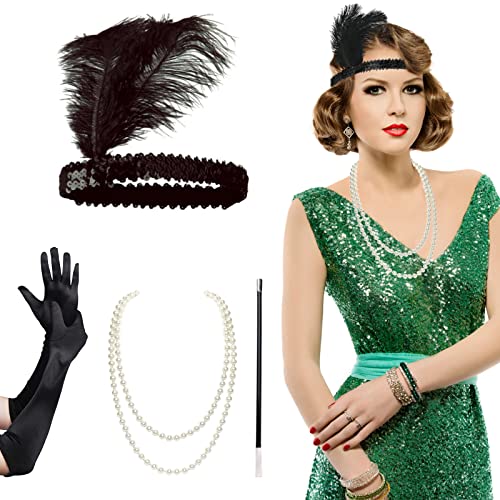 AOT 4 Stück 1920er Jahre Flapper Stirnband Ein Paar schwarze lange Handschuhe Feder Stirnband Kunststoff Perlenkette Kunststoff Zigarettenstange Haarschmuck für Party Kostüm Schmuck Frauen Mädchen von AOT