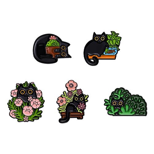 Schwarze Katze Brosche Botanische Brosche Katzen versteckt in Topfpflanzen Emaille Anstecker Set Cartoon Tier Abzeichen Anstecker Nette schwarze Katze Anstecker für Frauen Kinder für Taschen Kleidung von AOTEMAN