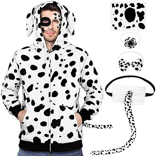 AOTHSO Halloween Herren Dalmatiner Hund Kapuzen-Sweatshirt Kostüm Soft Front Zip Hoodie mit Taschen Schwanz Socken Tatoo Aufkleber, schwarz, weiß, Small von AOTHSO