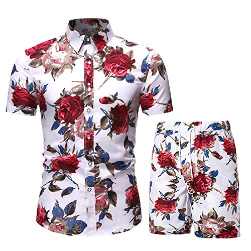 AOTORR Herren Trainingsanzug Set Floral Kurzarm T-Shirt und Shorts Anzug Sommer Hawaii Gedruckt Beachwear, rot, S von AOTORR