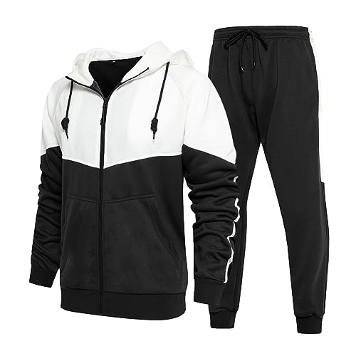 AOTORR Herren-Trainingsanzug-Set, durchgehender Reißverschluss, Kapuzenjacke, Jogging-Top, Hose, Sweatshirt, Anzug mit Taschen, schwarz / weiß, L von AOTORR