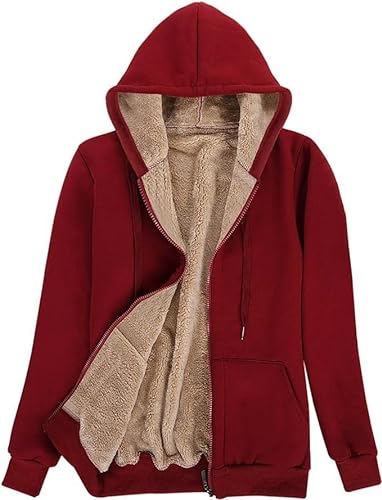 Damen Einfarbig Kapuzenpullover Winter Warm Fleece Gefüttert Zip Up Jacke Mantel für Frauen, weinrot, 38 von AOTORR