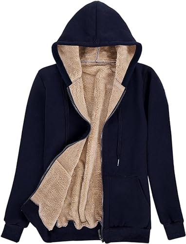 Damen Einfarbiger Kapuzenpullover Winter Warm Fleece gefüttert Reißverschluss Jacke Mantel für Damen, navy, 42 von AOTORR