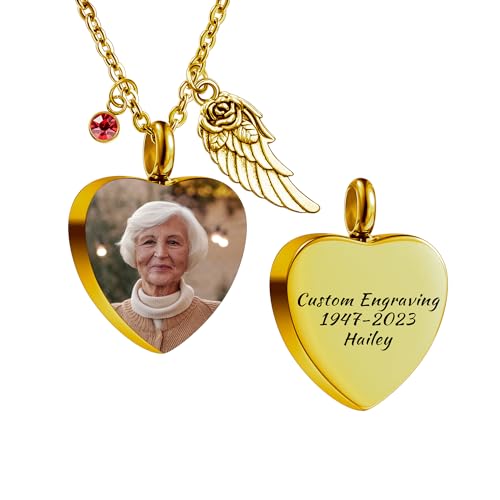 AOTXOXTOA Edelstahl Asche Urne Anhänger personalisierte Bild Herz Geburtsstein Halskette Foto für Frauen Männer Engel Flügel Memorial Keepsake Trichter Fill Kit von AOTXOXTOA