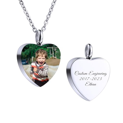 AOTXOXTOA Edelstahl Asche Urne Anhänger personalisierte Bild Herz Geburtsstein Halskette Foto für Frauen Männer Engel Flügel Memorial Keepsake Trichter Fill Kit von AOTXOXTOA