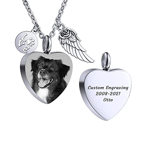 AOTXOXTOA Personalisierte Herz Pfote Print Asche Urne Anhänger Halskette benutzerdefinierte Foto Edelstahl Engel Flügel Memorial Bild Hund Katze Haustier Andenken mit Schlüsselring Trichter Fill Kit von AOTXOXTOA