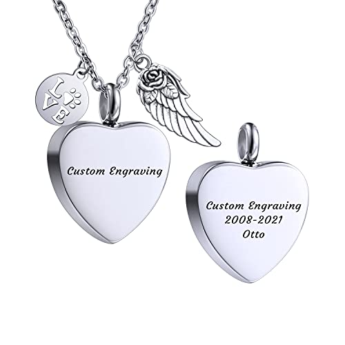 AOTXOXTOA Personalisierte Herz Pfote Print Asche Urne Anhänger Halskette benutzerdefinierte Foto Edelstahl Engel Flügel Memorial Bild Hund Katze Haustier Andenken mit Schlüsselring Trichter Fill Kit von AOTXOXTOA