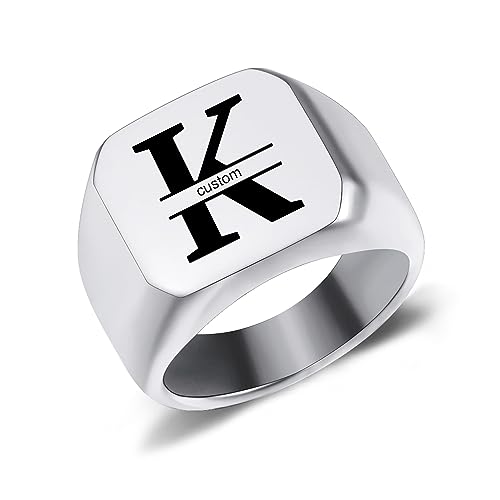 AOTXOXTOA Personalisierte Initiale Monogramm Signet Ring Brief Gravur Name für Männer Frauen Junge Mädchen Edelstahl Schmuck Memorial Band Jahrestag Geschenk mit Größe Adjusters von AOTXOXTOA