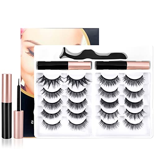 10 Paaren 3D Falsche Wimpern mit 2 Tuben Eyeliner und 1 Pinzette，Magnetische Wimpern，Natürlich Magnet Wimpern Set，Wiederverwendbare Magnetic Eyelashes，Wasserfestes，Langanhaltendes Make-up von AOUVT