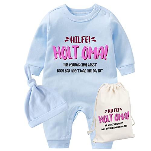 AOUYOA Baby Zwillinge Baby Body Hilfe Holt Oma Neugeborenes Baby Unisex Strampler Kleinkind Outfit Süßer Overall Mit Taschenset(Blau 6m) von AOUYOA
