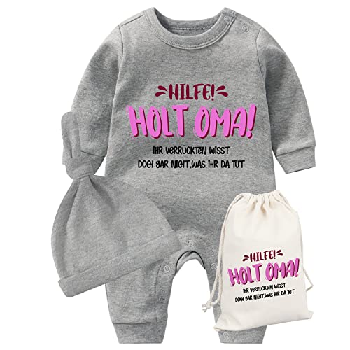 AOUYOA Baby Zwillinge Baby Body Hilfe Holt Oma Neugeborenes Baby Unisex Strampler Kleinkind Outfit Süßer Overall Mit Taschenset(Grau 9m) von AOUYOA
