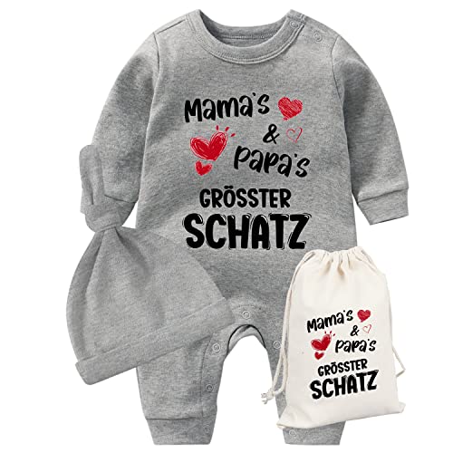 AOUYOA Baby Zwillinge Baby Body Mama's Papa's Grösster Schatz Neugeborenes Baby Unisex Strampler Kleinkind Outfit Süßer Overall Mit Taschenset(Grau 3m) von AOUYOA