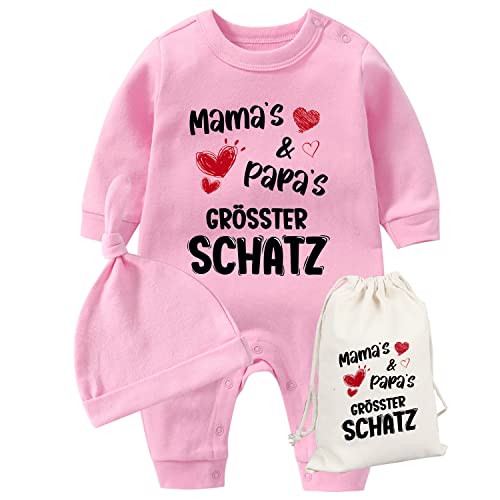 AOUYOA Baby Zwillinge Baby Body Mama's Papa's Grösster Schatz Neugeborenes Baby Unisex Strampler Kleinkind Outfit Süßer Overall Mit Taschenset(Rosa 3m) von AOUYOA