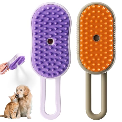 2 Stück 3-in-1 Dampfbürste für Hunde, Katzenbürste mit Dampf, One-Touch-Spray, Massagereinigung, Geeignet für Langes und Kurzes Haar (Lila + Khaki) von AOUZOVLI