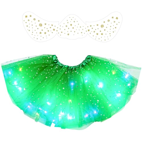 AOUZOVLI Tüllrock Kinder,Tüllrock Mädchen,Tütü,Kommt mit 1 Flash-Sommersprossen-Tattoo-Aufkleber,Buntem Led-Licht,Elastischem Taillendesign,Geeignet für Die Meisten Kinder (Grün) von AOUZOVLI