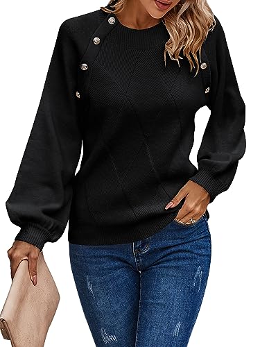 AOVDE Damen Langarm Pullover 2023 Herbst Winter Rundhalsausschnitt Oversized Rippstrick Pullover Pullover Tops, A-Schwarz, X-Groß von AOVDE