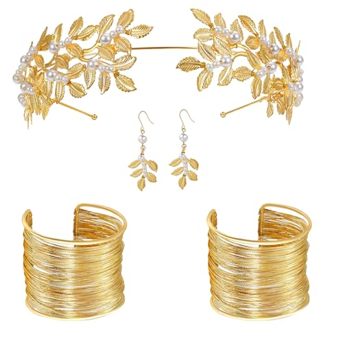 AOVNA 4 x griechische Göttin Schmuck Frauen Göttin Blatt Krone Stirnband Oberarm Manschette Armband baumeln Ohrringe für Frauen Party Braut Hochzeit von AOVNA