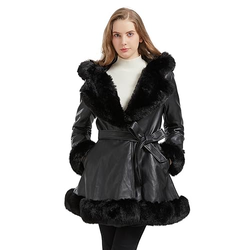 AOWITH Kunstlederjacke für Damen mit Kunstpelzkragen Langarm Parka mit Taschen Warmer Wintermantel mit Gürtel, Schwarz, XX-Large von AOWITH