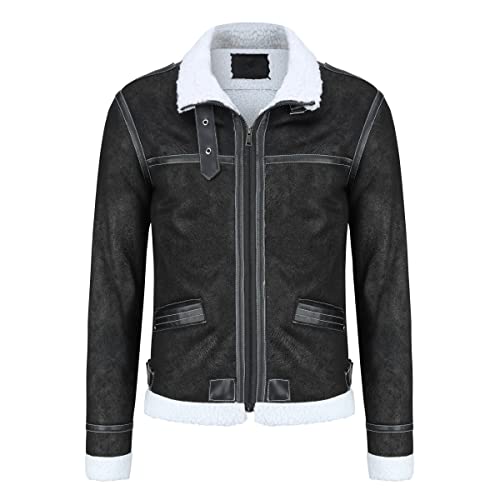 AOWOFS Herren Lederjacke mit Fell Kunstlederjacke mit Pelzkragen Jacke für Winter Schwarz XXL von AOWOFS