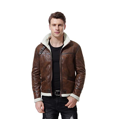 AOWOFS Herren Lederjacke mit Fell Kunstlederjacke mit Pelzkragen Jacke für Winter Braun 3XL von AOWOFS