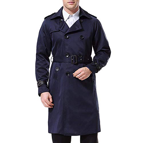 AOWOFS Herren Zweireihiger Trenchcoat mit Gürtel Revers Lang Mantel Business Jacke Frühling Übergangsjacke （ Navy M von AOWOFS