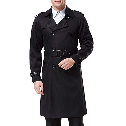 AOWOFS Herren Zweireihiger Trenchcoat mit Gürtel Revers Lang Mantel Business Jacke Frühling Übergangsjacke （ Schwarz M von AOWOFS