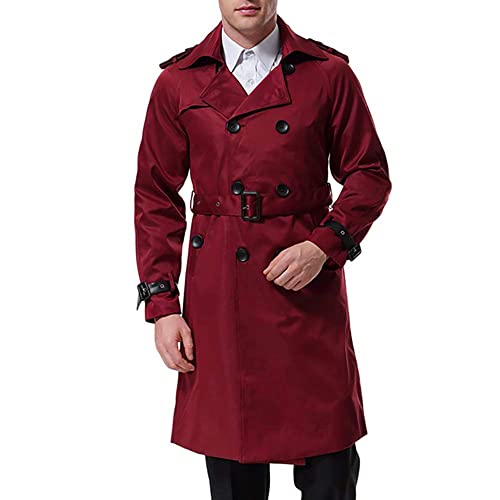 AOWOFS Herren Zweireihiger Trenchcoat mit Gürtel Revers Lang Mantel Business Jacke Frühling Übergangsjacke （ Rot M von AOWOFS
