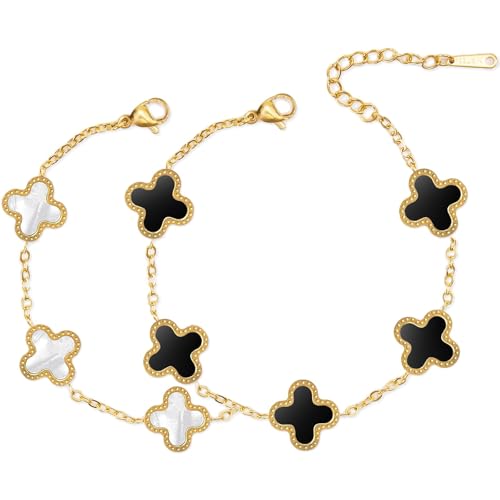 AOWVUTS 2 Stück Armband Damen Gold Vierblättriges Kleeblatt Armband Set 18 Karat Vergoldet Armband Edelstahl Verstellbare Glücksbringer mit Klee Gold Schmuck Geschenk für Frauen Mädche von AOWVUTS