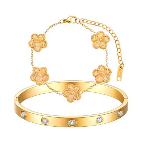 AOWVUTS 2 Stück Kleeblatt Armband Damen 18K Vergoldet Vierblättriges Kleeblatt Armbander Liebe Freundschaft Armband Zirkonia Armreif Edelstahl Verstellbare Armbander Set Geschenk für Frauen (Gold) von AOWVUTS