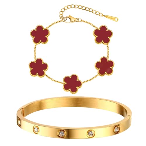 AOWVUTS 2 Stück Kleeblatt Armband Damen 18K Vergoldet Vierblättriges Kleeblatt Armbander Liebe Freundschaft Armband Zirkonia Armreif Edelstahl Verstellbare Armbander Set Geschenk für Frauen (Rot) von AOWVUTS