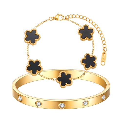 AOWVUTS 2 Stück Kleeblatt Armband Damen 18K Vergoldet Vierblättriges Kleeblatt Armbander Liebe Freundschaft Armband Zirkonia Armreif Edelstahl Verstellbare Armbander Set Geschenk für Frauen (Schwarz) von AOWVUTS