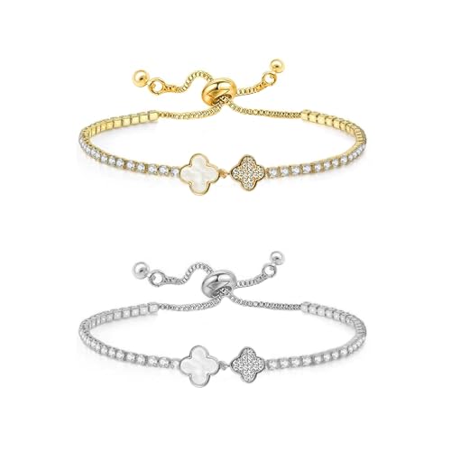 AOWVUTS 2 Stück Vierblättriges Kleeblatt Armband Damen 14K Vergoldet 925 Sterling Silber Armbänder Set Klee Tennis Armband mit Zirkonia Verstellbar Freundschaft Armbänder Schmuck Geschenk für Frauen von AOWVUTS