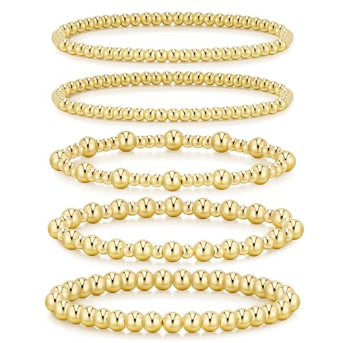 AOWVUTS 5 Stück Armband Damen Gold 14 Karat Vergoldet Stapelarmbänder Boho Perlen Ketten Armbänder Verstellbare Armband Set Gold Schmuck für Damen Mädchen von AOWVUTS