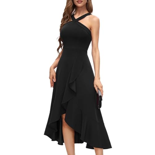 AOWVUTS Abendkleider Elegant für Hochzeit Neckholder Cocktailkleid Damen Knielang Rüschensaum Festliches Kleid Maxilang Partykleid Abschlusskleid Lang Ballkleid Hochtief Sommerkleid Brautjunferkleid von AOWVUTS