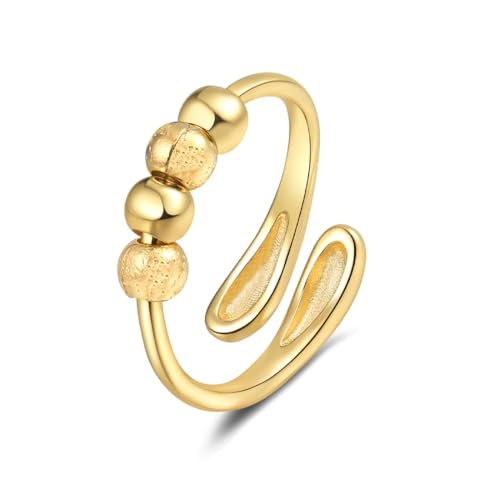 AOWVUTS Anxiety Ring für Damen Sterling Silber 925/Vergoldet Anti Stress Ringe für Frauen Verstellbar Angstring Stressring Spinner Ring Fidget Ringe mit Beweglichen Perlen Schmuck Geschenke (Gold) von AOWVUTS