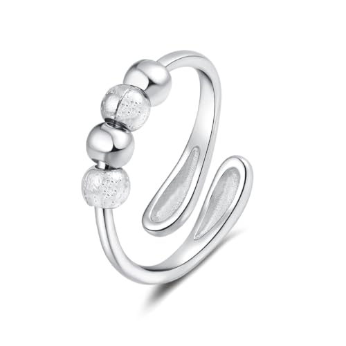 AOWVUTS Anxiety Ring für Damen Sterling Silber 925/Vergoldet Anti Stress Ringe für Frauen Verstellbar Angstring Stressring Spinner Ring Fidget Ringe mit Beweglichen Perlen Schmuck Geschenke (Silber) von AOWVUTS