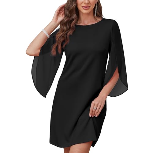 AOWVUTS Cocktailkleid Damen Elegant 3/4 Ärmel Loose Chiffon Kleid Rundhals Formales Kleid Knielang Vintage A-Line Midilang Sommer Kleider Festlich Party Hochzeit Abendkleider von AOWVUTS