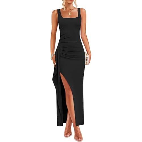 AOWVUTS Damen Abendkleid Sexy Ärmelloses Maxikleid Quadratischem Ausschnitt Ballkleider mit Schlitz Festliche Elegant Bodycon Lang Hochzeit Partykleid Cocktailkleid von AOWVUTS