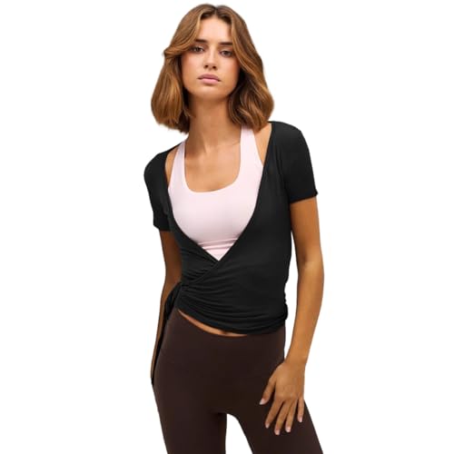 AOWVUTS Damen Ballett Wickeljacke Kurzarm Tiefer V-Ausschnitt Wrap Top Ballettjacke Bolero Crop Top Y2K Slim Fit Yoga Pilates Workout Gymnastik T-Shirt Sport Tanz Fitness Oberteil Frühling Kleidung von AOWVUTS