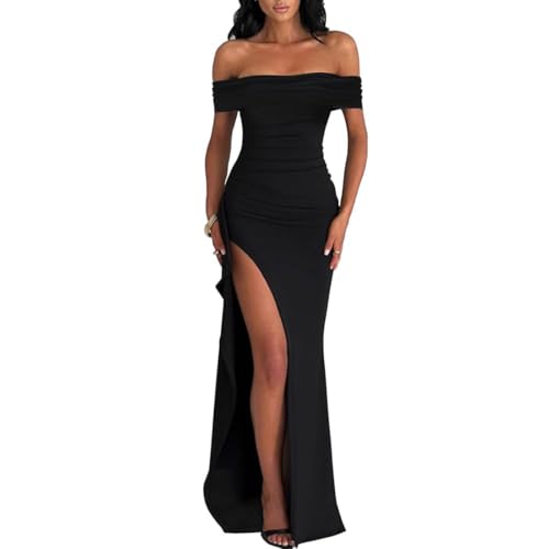 AOWVUTS Damen Ballkleider Lang Abendkleid mit Schlitz Schulterfrei Sexy Party Cocktailkleid Bodycon Maxikleid Lang Elegant Formal Kleid Sommerkleid Festliche Partykleid von AOWVUTS