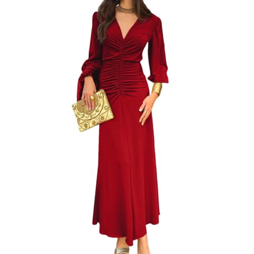 AOWVUTS Damen Kleider Elegant Lang Abendkleid Wickelkleid V-Ausschnitt Gerüscht Maxikleid Ballkleider Langarm Hochzeit Festlich Brautjungfernkleid Cocktailkleid Partykleid von AOWVUTS