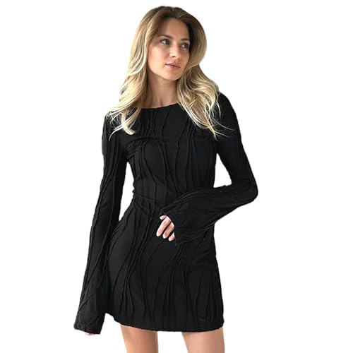 AOWVUTS Damen Langarm Kleid Bodycon Mini Kleid Strukturiertes Rundhalsausschnitt Elegant Bleistiftkleid Sexy Mini Wickelkleid Kurze Eng Kleider Club Cocktail Party Kleid Freizeitkleid von AOWVUTS