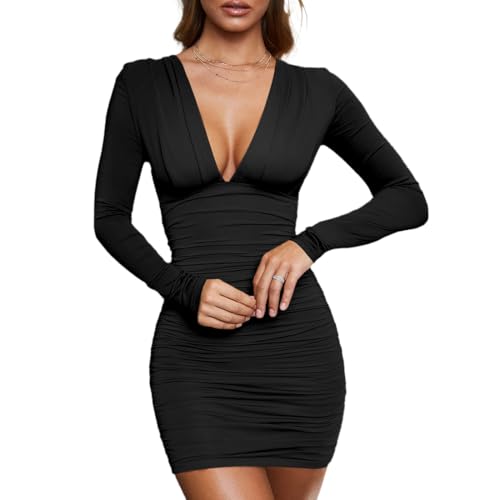 AOWVUTS Damen Sexy Kleid Tiefer V-Ausschnitt Langarm Partykleid Kurz Eng Minikleid Elegant Bodycon Kleid Stretch Figurbetontes Kleid Clubwear Cocktail Party Kleider AOWVUTS Damen Sexy Kleid Tiefer V-Ausschnitt Langarm Partykleid Kurz Eng Minikleid Elegant Bodycon Kleid Stretch Figurbetontes Kleid Clubwear Cocktail Party Kleider von AOWVUTS