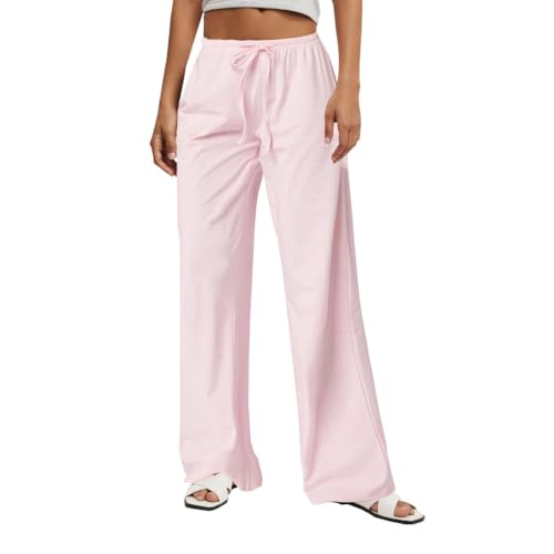 AOWVUTS Damen Yogahose Lang Stretch Pyjamahose Schlafanzughose Gestreifte Weich Lounge Freizeithose Weite Bein Relaxhose Schlafhose Drawstring Hosen Jogginghose Sporthose (Rosa, S) von AOWVUTS