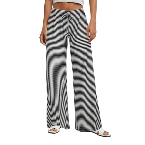 AOWVUTS Damen Yogahose Lang Stretch Pyjamahose Schlafanzughose Gestreifte Weich Lounge Freizeithose Weite Bein Relaxhose Schlafhose Drawstring Hosen Jogginghose Sporthose (Schwarz, S) von AOWVUTS