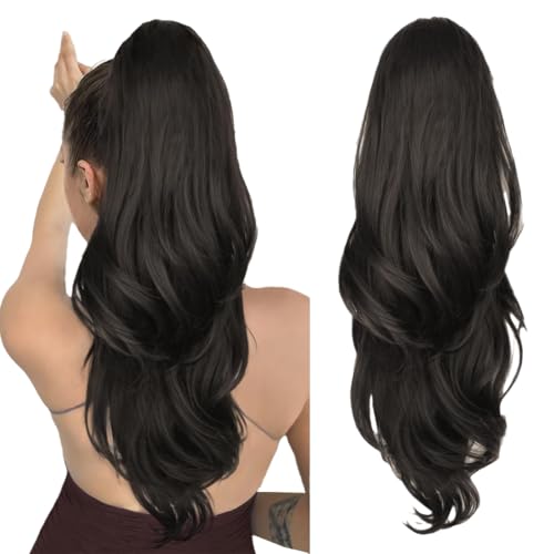 AOWVUTS Gewellt Pferdeschwanz Haarteil Lange Wellig Lockige Haarextension Synthetik Zopf Haarverlängerung mit Kordelzug Pferdeschwanz Verlängerung Haarteil Ponytail Extension für Damen (Schwarz) von AOWVUTS