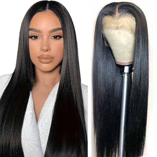 AOWVUTS Glueless Wigs Straight Perücke für Damen 13x6 Lange Gerade Spitze Front Synthetische Perücke 180% Density Mittelteil HD Transparent Kleberlose Perücke Vorgezupft Haaransatz von AOWVUTS
