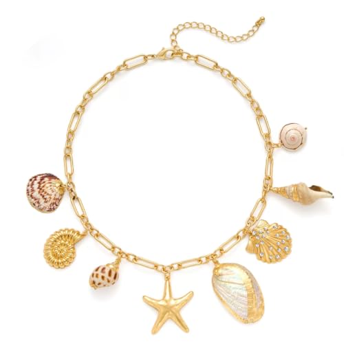 AOWVUTS Halskette Damen 14K Gold Vergoldet Seestern Muschel Halskette Verstellbarer Boho Ozean Choker Hypoallergener Kette Sommer Strand Schmuck Halskette Geschenke von AOWVUTS