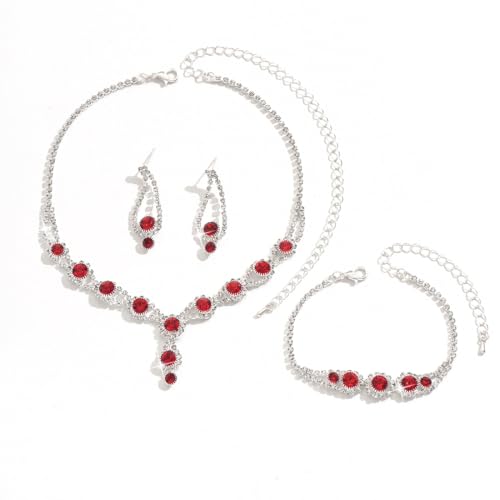 AOWVUTS Hochzeit Schmuck Set für Damen Kristall Braut Silber Anhänger Halskette Ohrringe und Armband Set Cubic Zirkonia Strass Schmuckset Hochzeit Verlobung Braut Brautjungfer Geschenk Schmuck (Rot) von AOWVUTS